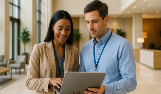 Two professionals reviewing content on a laptop in a modern business setting.
